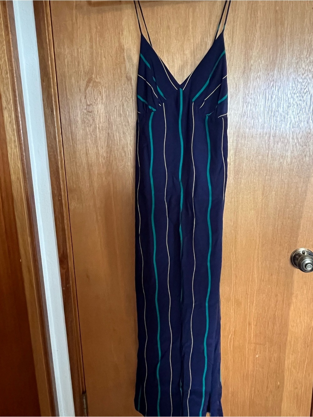Madewell Navy Midi Slip Dress with Green and White Stripes